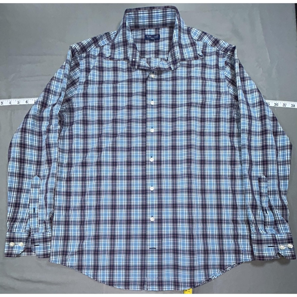 Peter Millar Crown Crafted Shirt Mens L Blue Plaid Long Sleeve Button Up Casual
